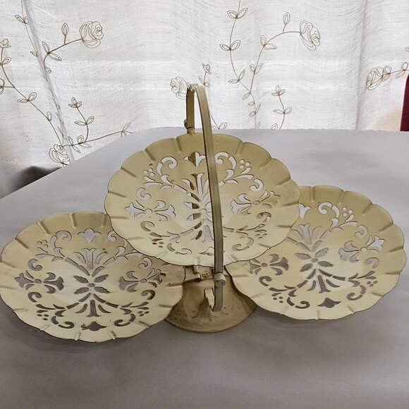 Serving Tray 3 Tier vtg cream punched metal filigree folding snack sample appeti - Picture 2 of 10